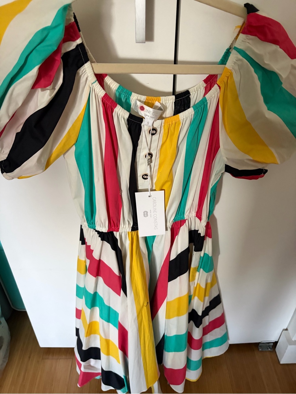 Caroline Constas White Yellow Black Striped Dress